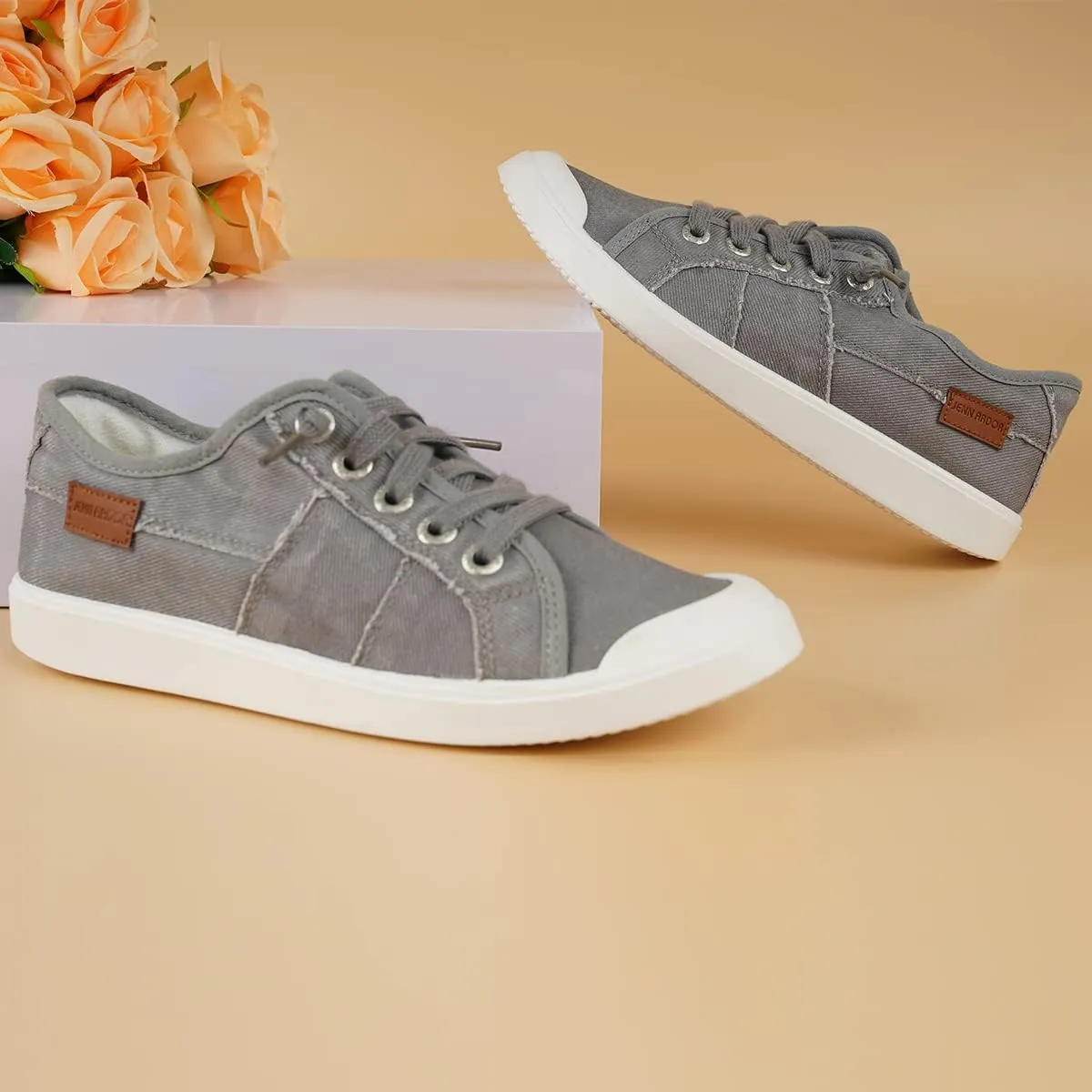 JENN ARDOR Women's Canvas Sneaker Slip-ons Loafers Shoes for Womens Fashion Casual Canvas Round Toe Soft Comfortable Walking Flats