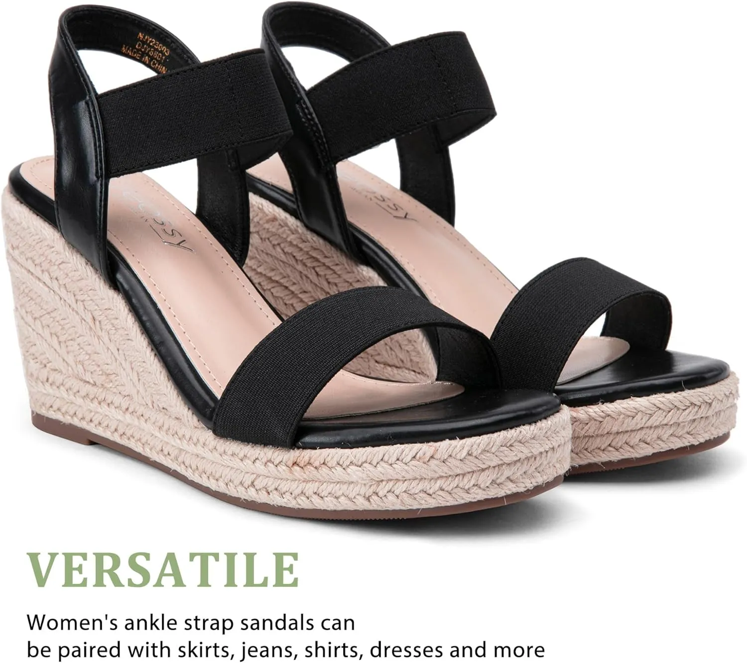 Jeossy Women's Wedge Platform Black Sandals, Espadrille Comfort Elastic Ankle Strap 8801 Sandals