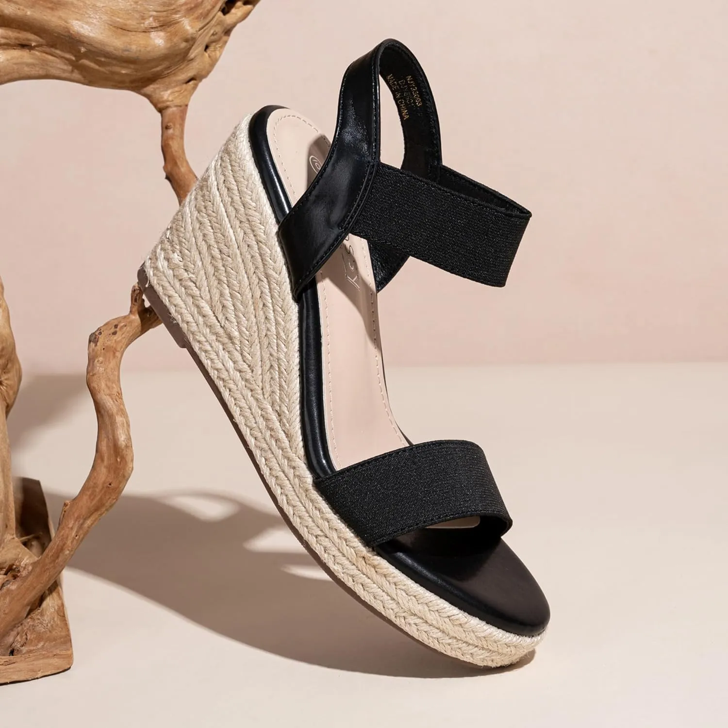 Jeossy Women's Wedge Platform Black Sandals, Espadrille Comfort Elastic Ankle Strap 8801 Sandals