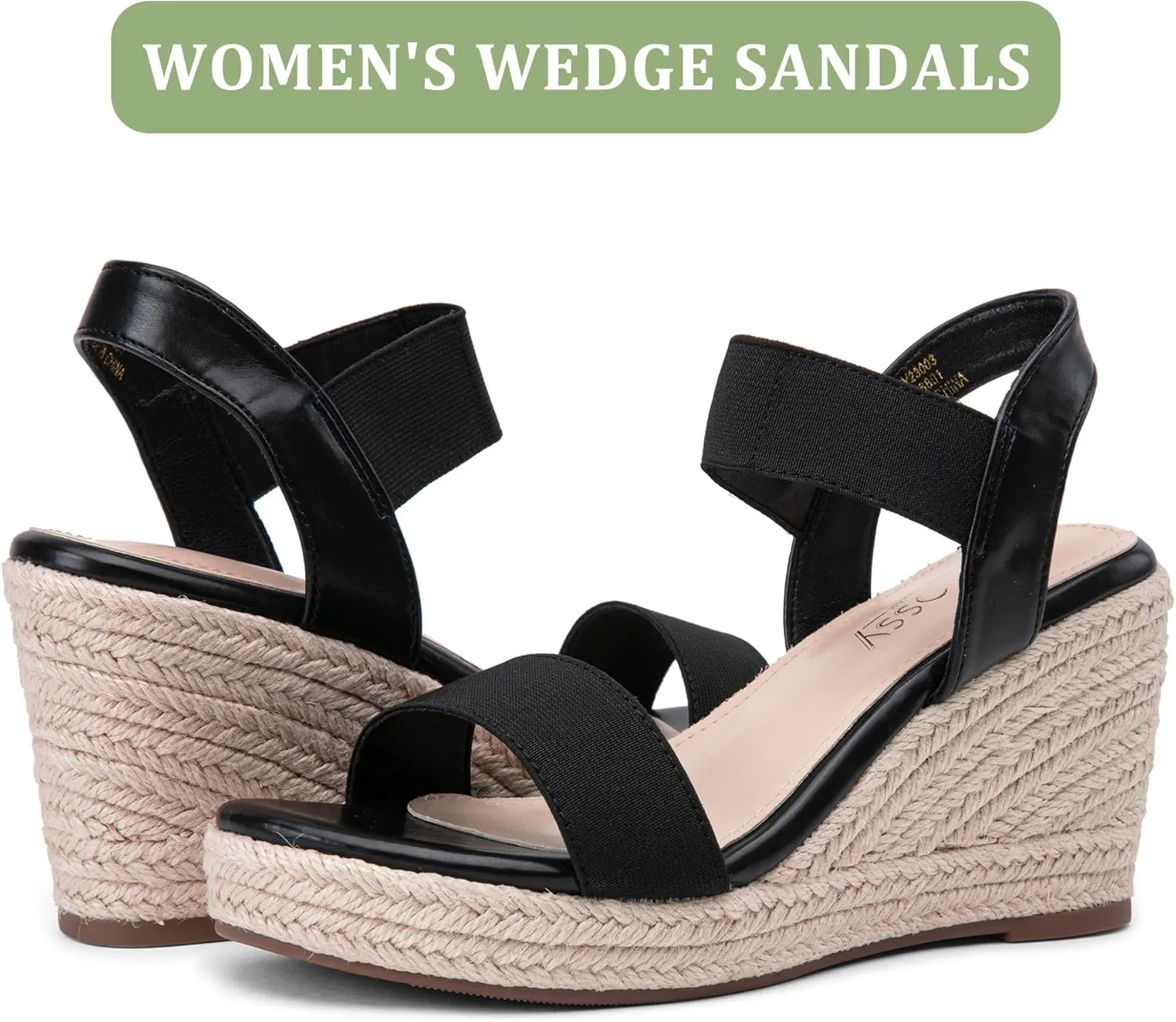 Jeossy Women's Wedge Platform Black Sandals, Espadrille Comfort Elastic Ankle Strap 8801 Sandals