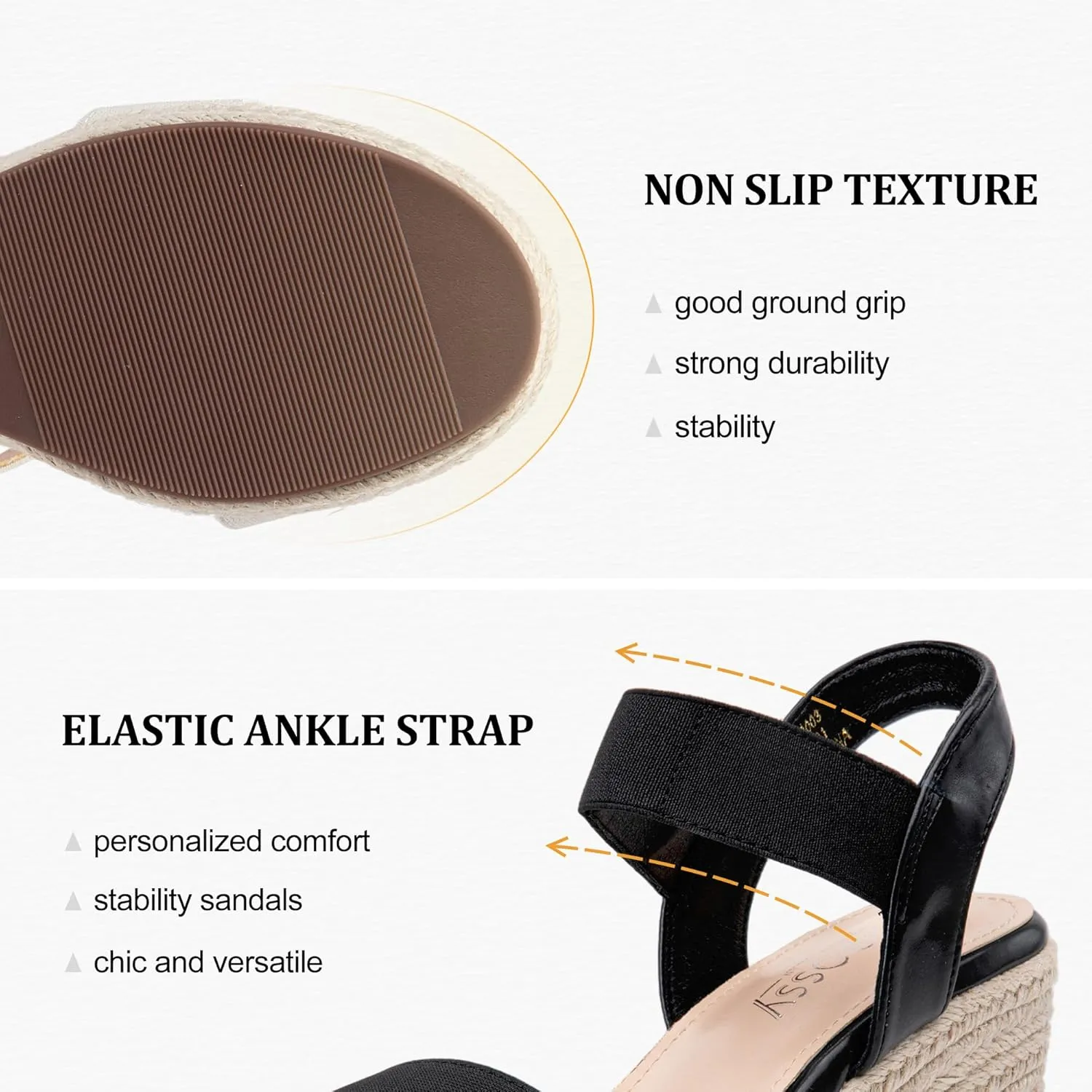 Jeossy Women's Wedge Platform Black Sandals, Espadrille Comfort Elastic Ankle Strap 8801 Sandals