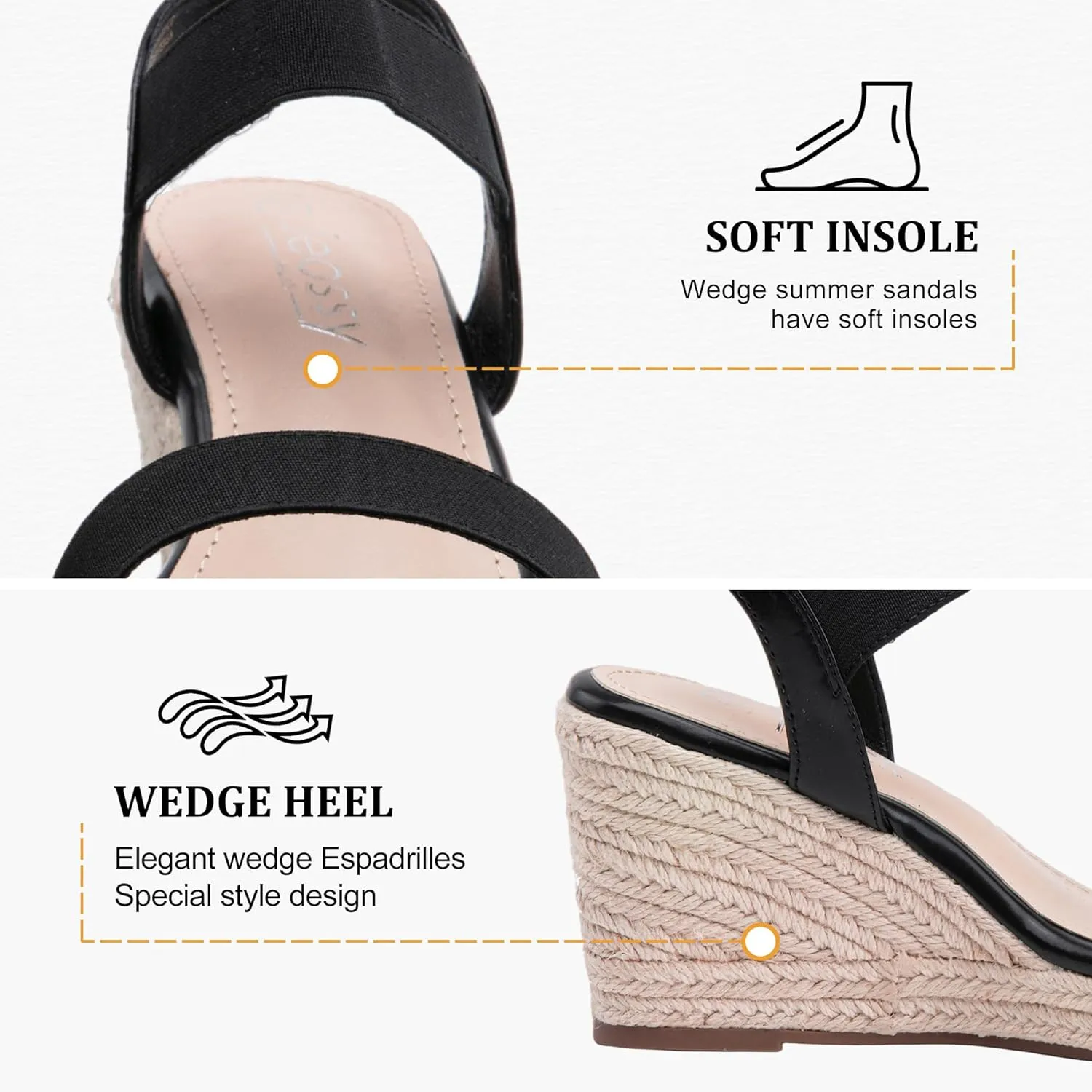 Jeossy Women's Wedge Platform Black Sandals, Espadrille Comfort Elastic Ankle Strap 8801 Sandals