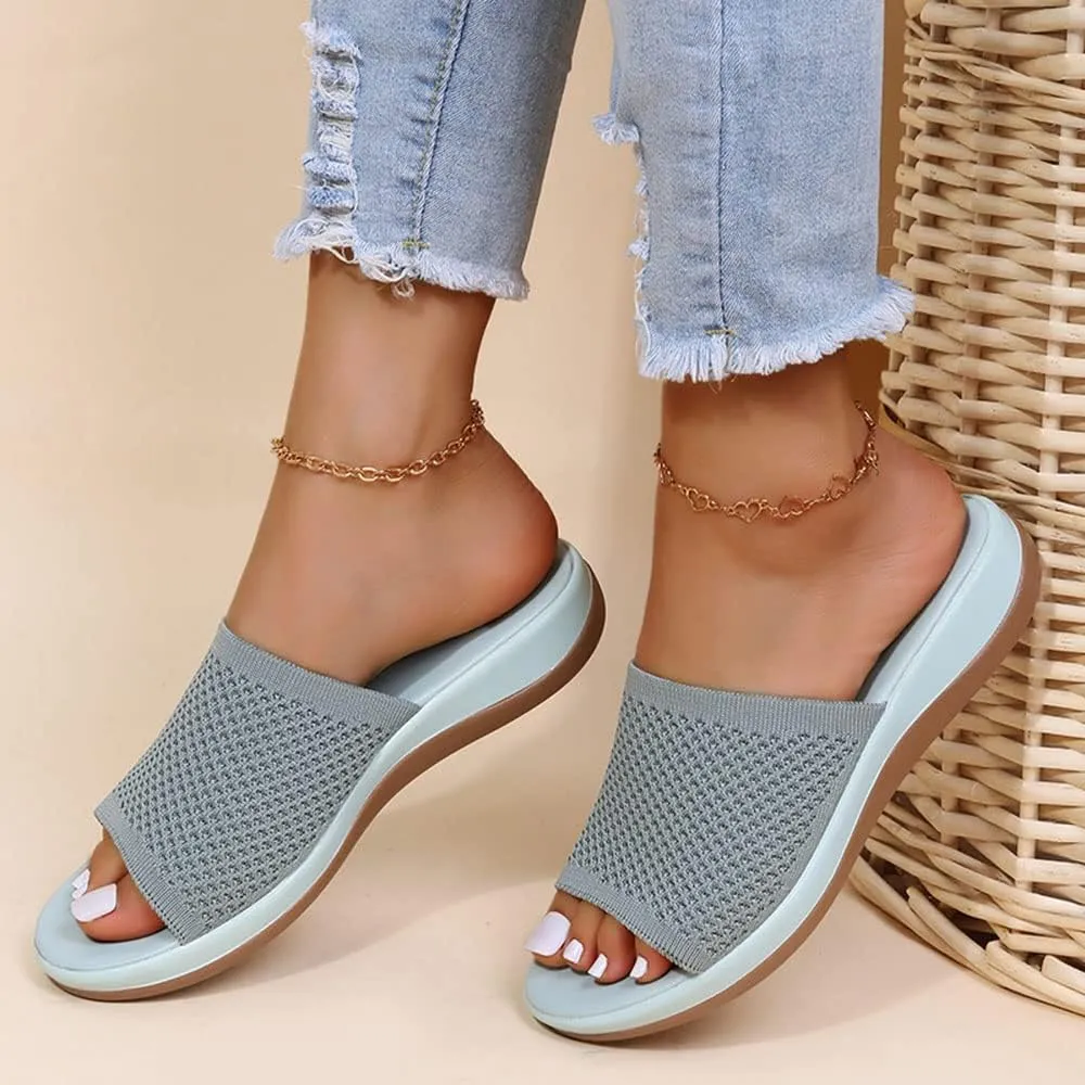 JITUUE Women's Mesh Synthetic Leather Open Toe Platform Slippers Cushioned Sole Flat Sandals