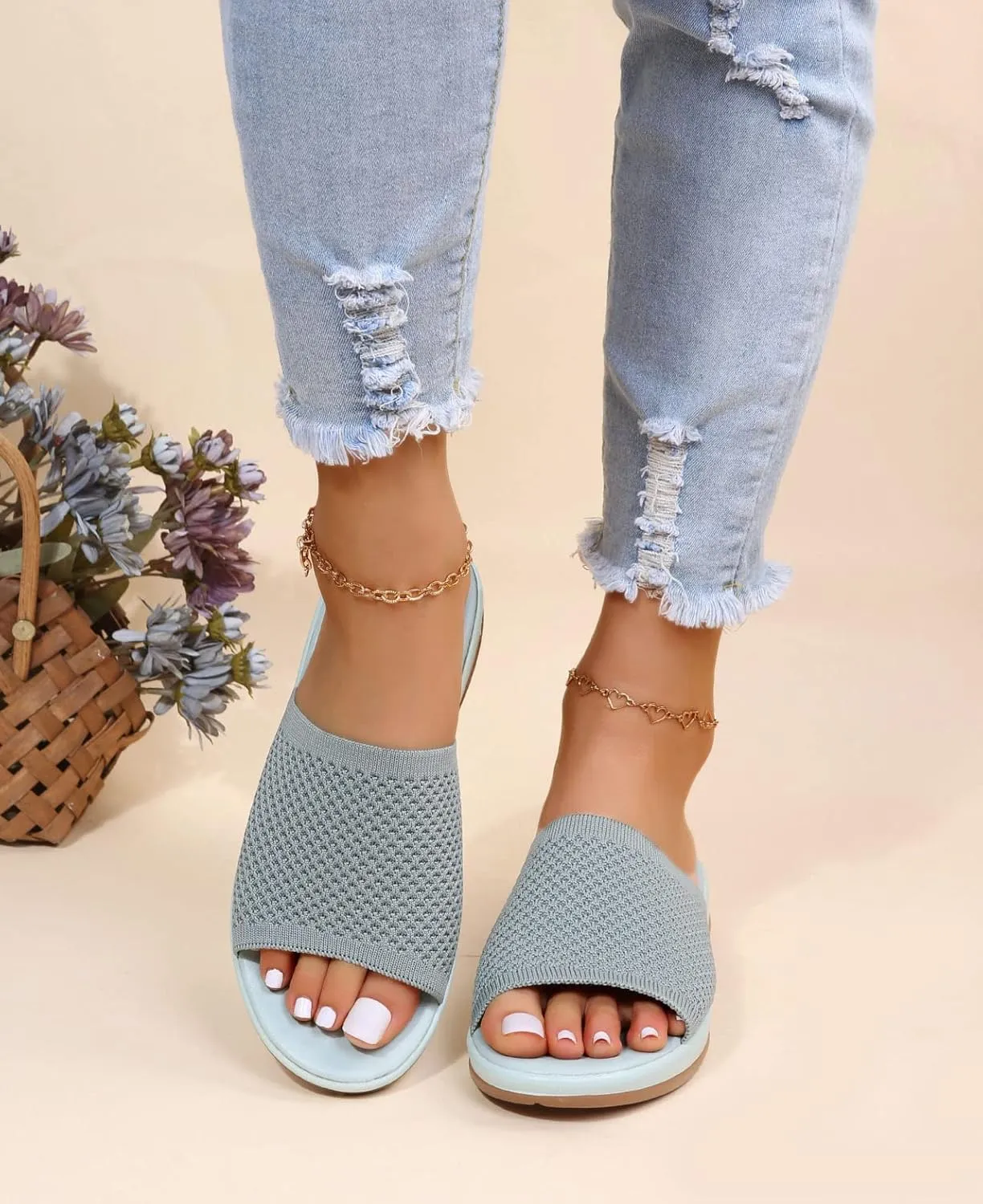 JITUUE Women's Mesh Synthetic Leather Open Toe Platform Slippers Cushioned Sole Flat Sandals