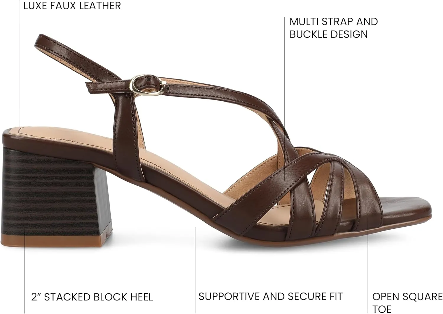 Journee Womens Block heel Cushioned Footbed Shyla Crisscross straps Faux Leather Multi Straps 2-3 inch heel Open Toe