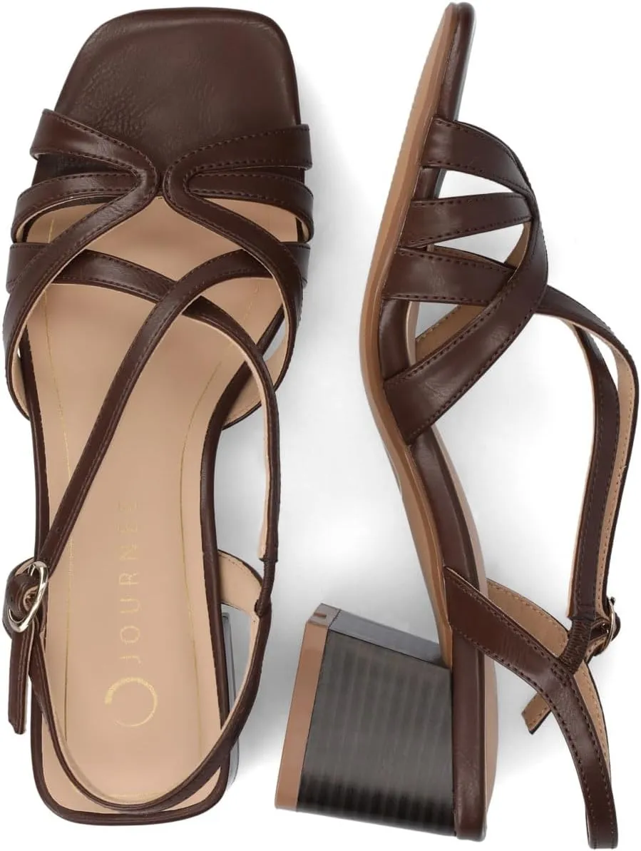 Journee Womens Block heel Cushioned Footbed Shyla Crisscross straps Faux Leather Multi Straps 2-3 inch heel Open Toe
