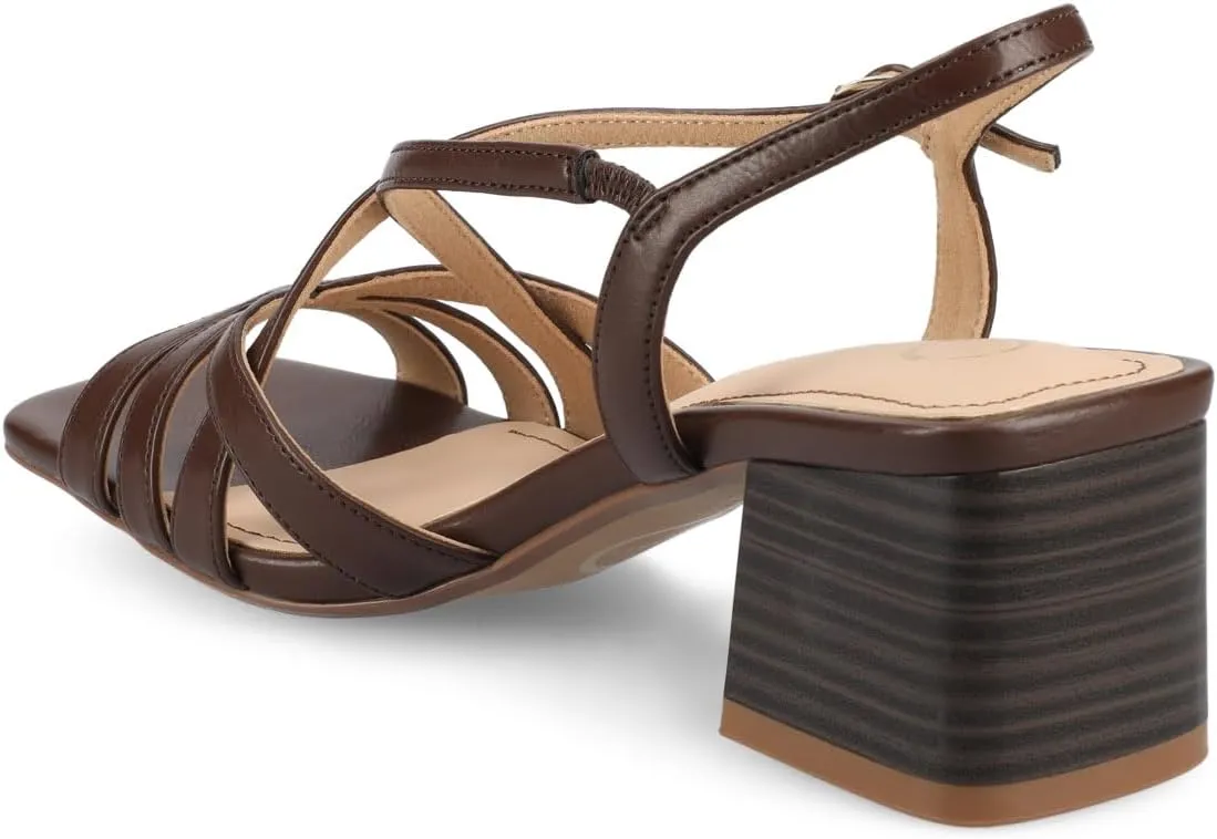 Journee Womens Block heel Cushioned Footbed Shyla Crisscross straps Faux Leather Multi Straps 2-3 inch heel Open Toe