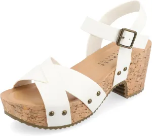 Journee Womens Crisscross Studded Chunky Block Cork Heel Buckle Ankle Strap Open Round Toe Valentina Platform