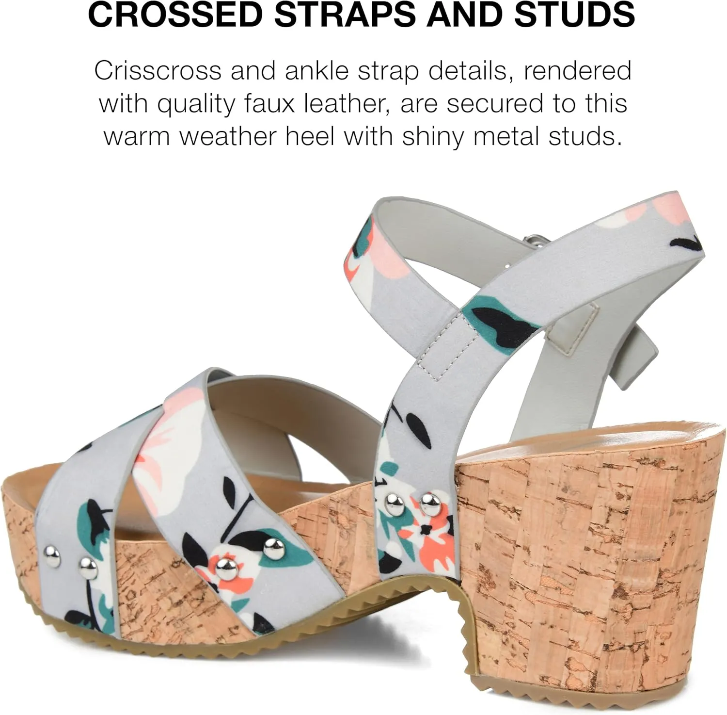 Journee Womens Crisscross Studded Chunky Block Cork Heel Buckle Ankle Strap Open Round Toe Valentina Platform