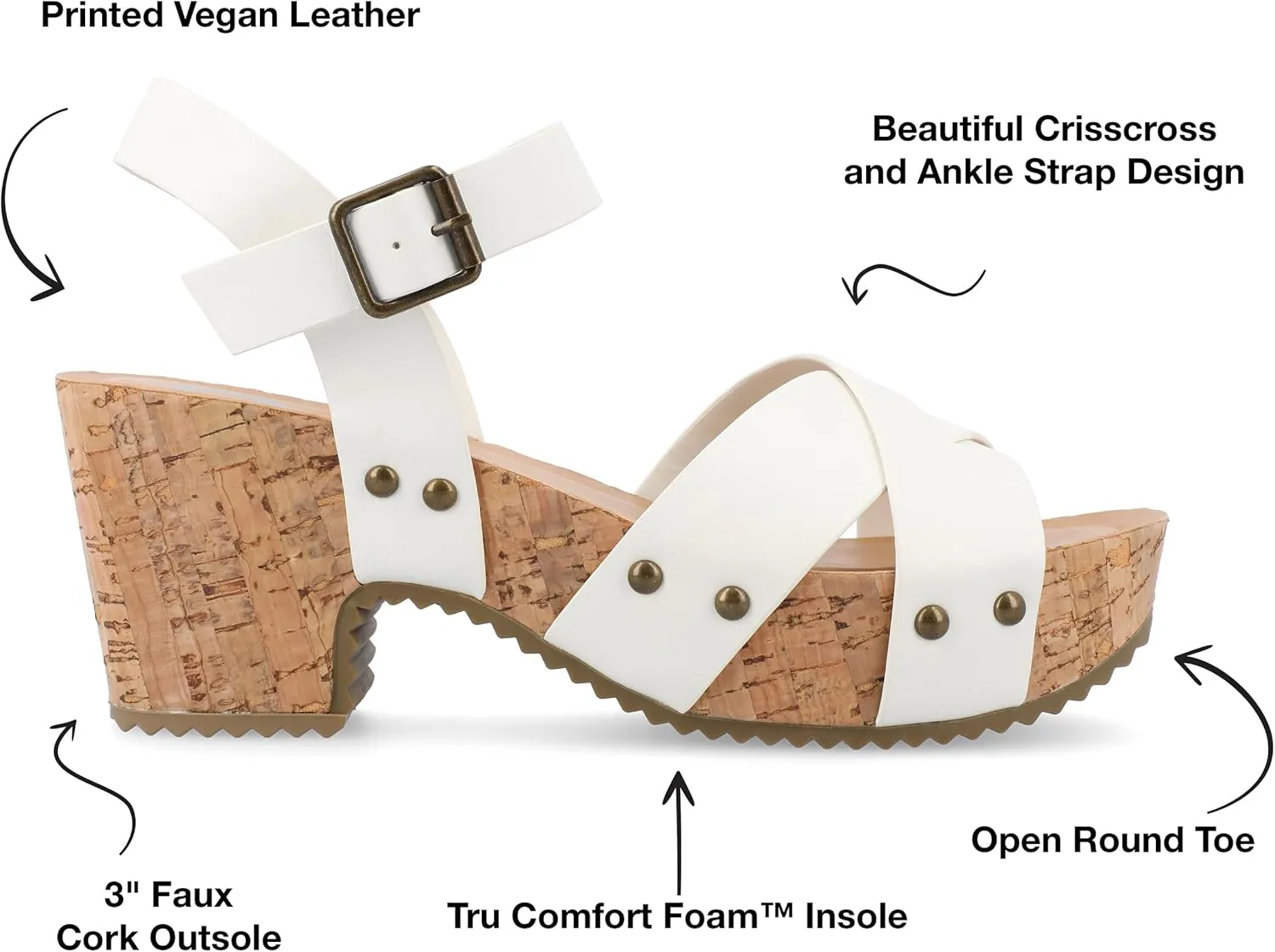 Journee Womens Crisscross Studded Chunky Block Cork Heel Buckle Ankle Strap Open Round Toe Valentina Platform