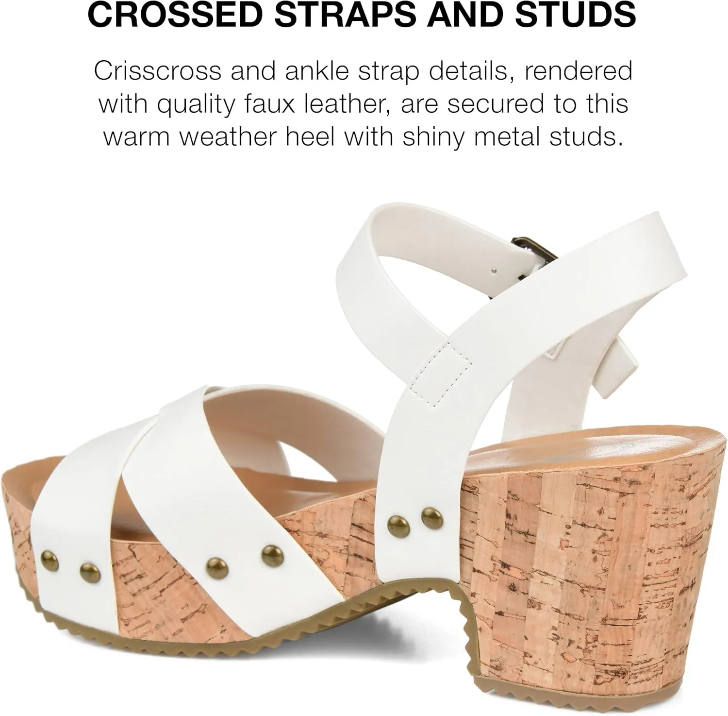 Journee Womens Crisscross Studded Chunky Block Cork Heel Buckle Ankle Strap Open Round Toe Valentina Platform