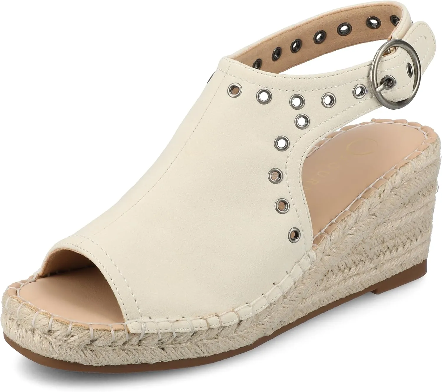 Journee Womens cushioned footbed Crisie Wedge Heel Sandals Espadrille Ankle Buckle Faux Leather Open Toe 3-4 Inch Heel