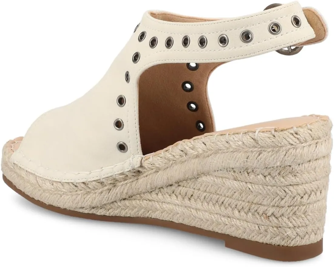 Journee Womens cushioned footbed Crisie Wedge Heel Sandals Espadrille Ankle Buckle Faux Leather Open Toe 3-4 Inch Heel