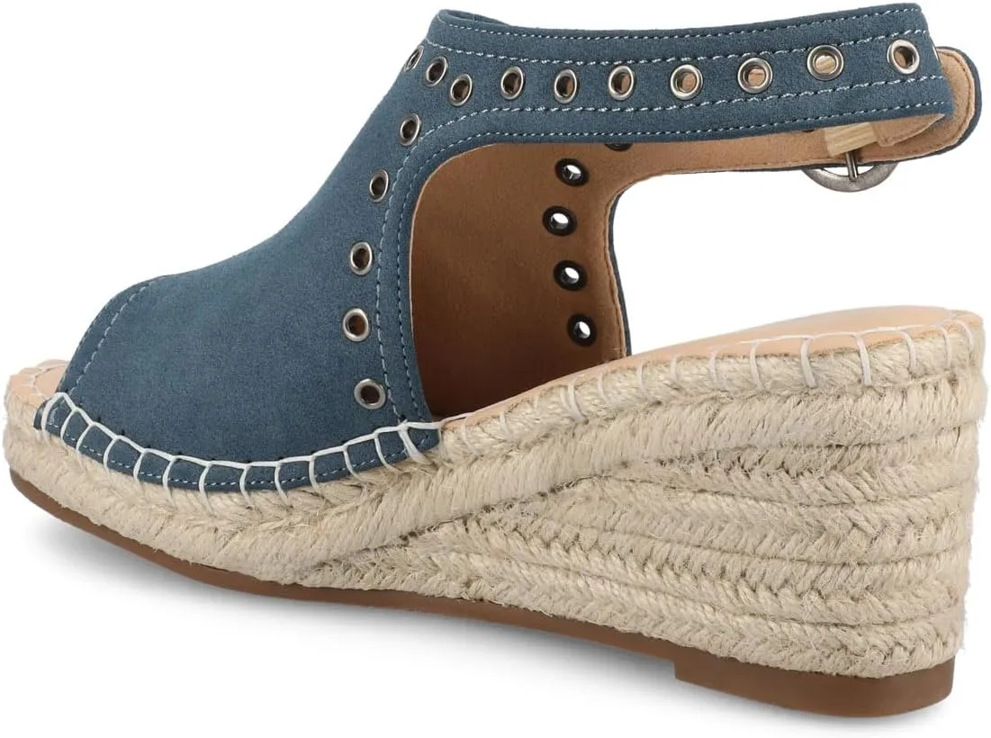 Journee Womens cushioned footbed Crisie Wedge Heel Sandals Espadrille Ankle Buckle Faux Leather Open Toe 3-4 Inch Heel