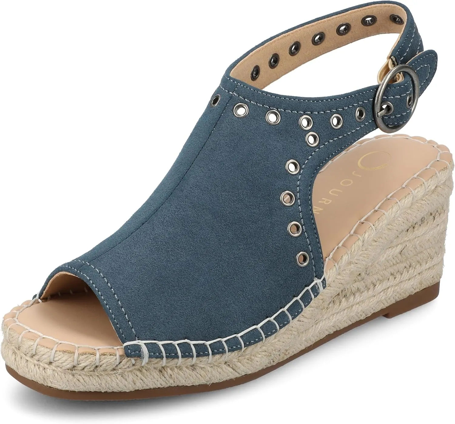 Journee Womens cushioned footbed Crisie Wedge Heel Sandals Espadrille Ankle Buckle Faux Leather Open Toe 3-4 Inch Heel