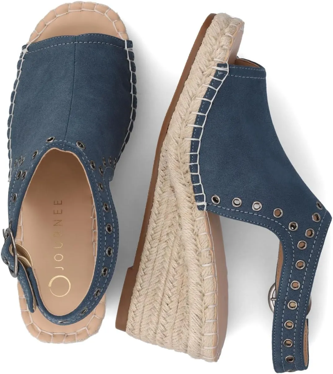 Journee Womens cushioned footbed Crisie Wedge Heel Sandals Espadrille Ankle Buckle Faux Leather Open Toe 3-4 Inch Heel