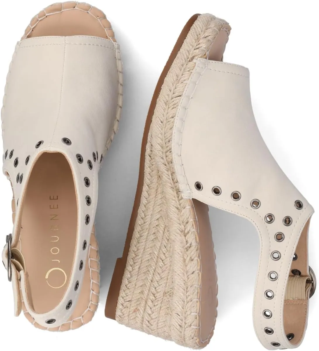 Journee Womens cushioned footbed Crisie Wedge Heel Sandals Espadrille Ankle Buckle Faux Leather Open Toe 3-4 Inch Heel
