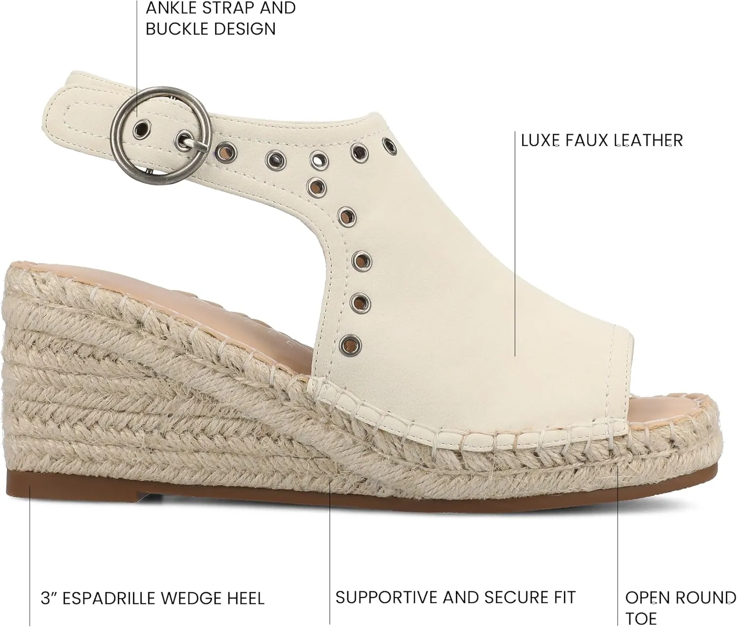 Journee Womens cushioned footbed Crisie Wedge Heel Sandals Espadrille Ankle Buckle Faux Leather Open Toe 3-4 Inch Heel