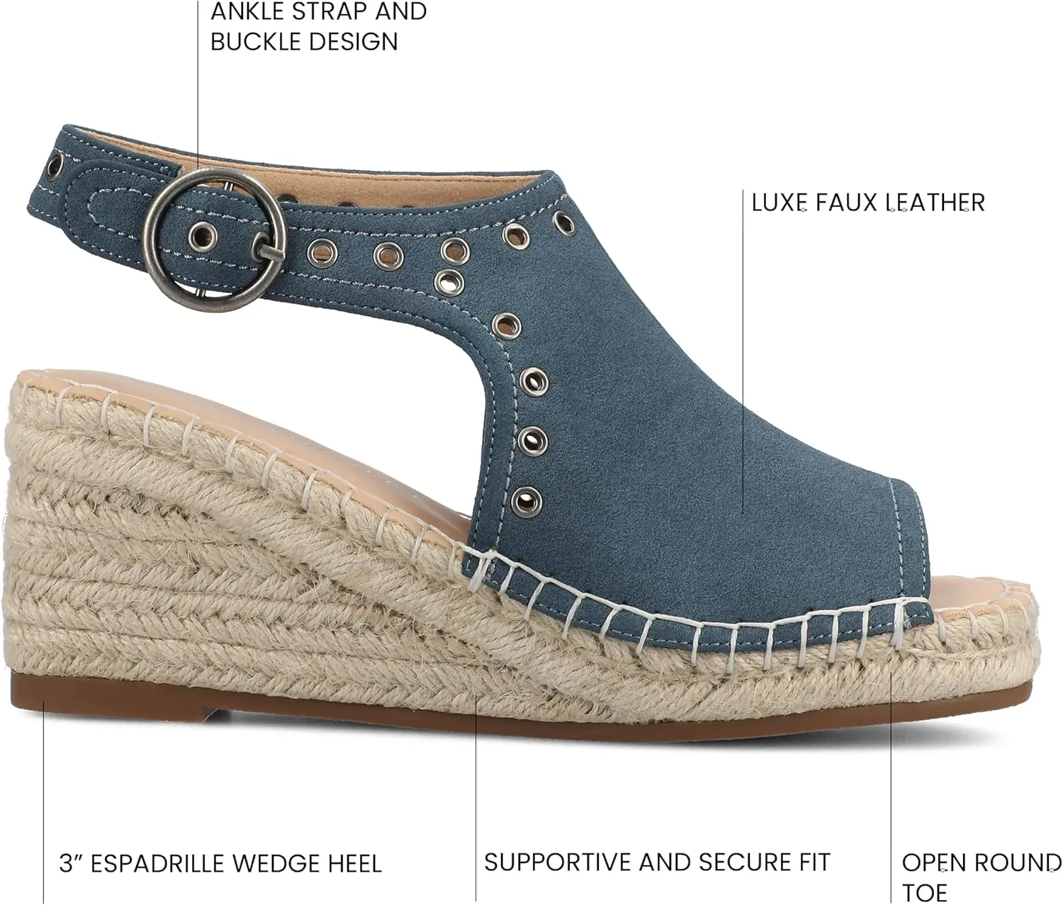 Journee Womens cushioned footbed Crisie Wedge Heel Sandals Espadrille Ankle Buckle Faux Leather Open Toe 3-4 Inch Heel