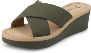 Journee Womens cushioned footbed Faux Leather Sandals Wedge Sandals Biara Crossover Straps Open Toe