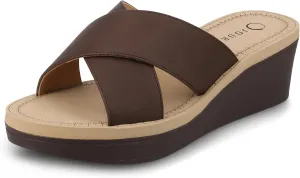 Journee Womens cushioned footbed Faux Leather Sandals Wedge Sandals Biara Crossover Straps Open Toe