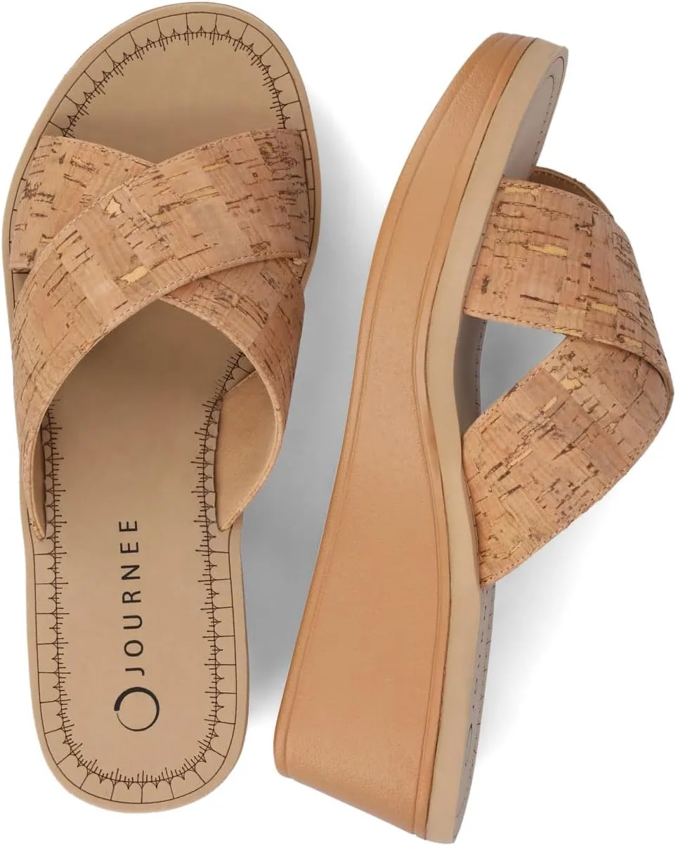 Journee Womens cushioned footbed Faux Leather Sandals Wedge Sandals Biara Crossover Straps Open Toe