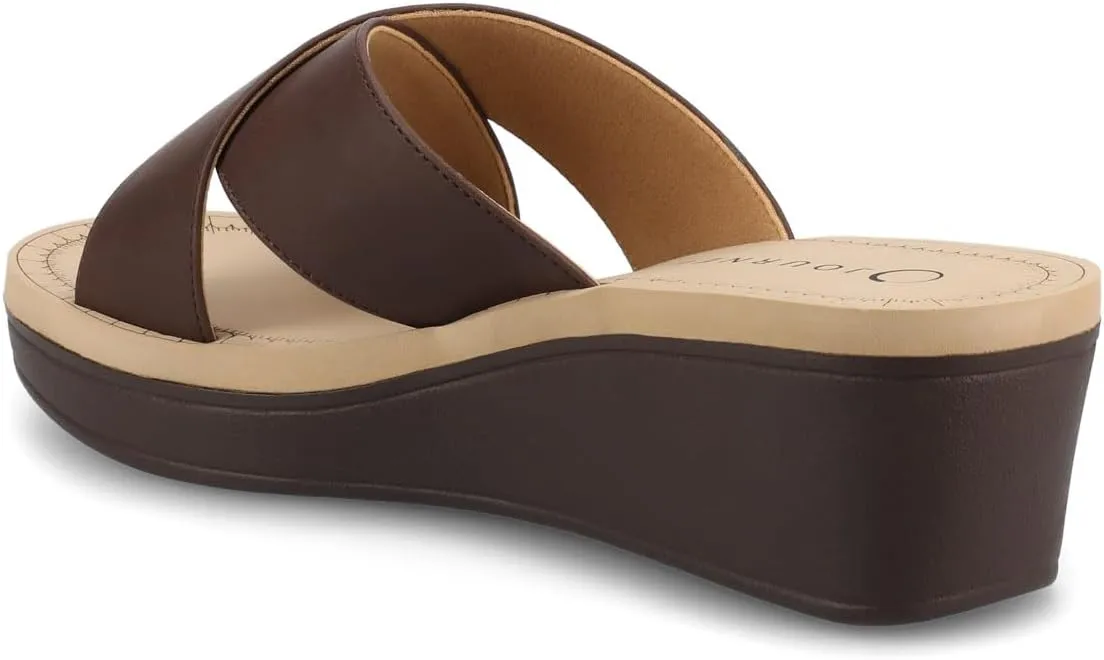 Journee Womens cushioned footbed Faux Leather Sandals Wedge Sandals Biara Crossover Straps Open Toe