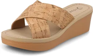 Journee Womens cushioned footbed Faux Leather Sandals Wedge Sandals Biara Crossover Straps Open Toe
