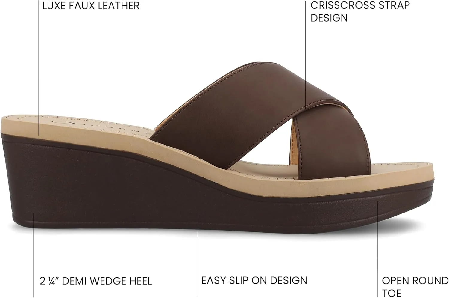 Journee Womens cushioned footbed Faux Leather Sandals Wedge Sandals Biara Crossover Straps Open Toe