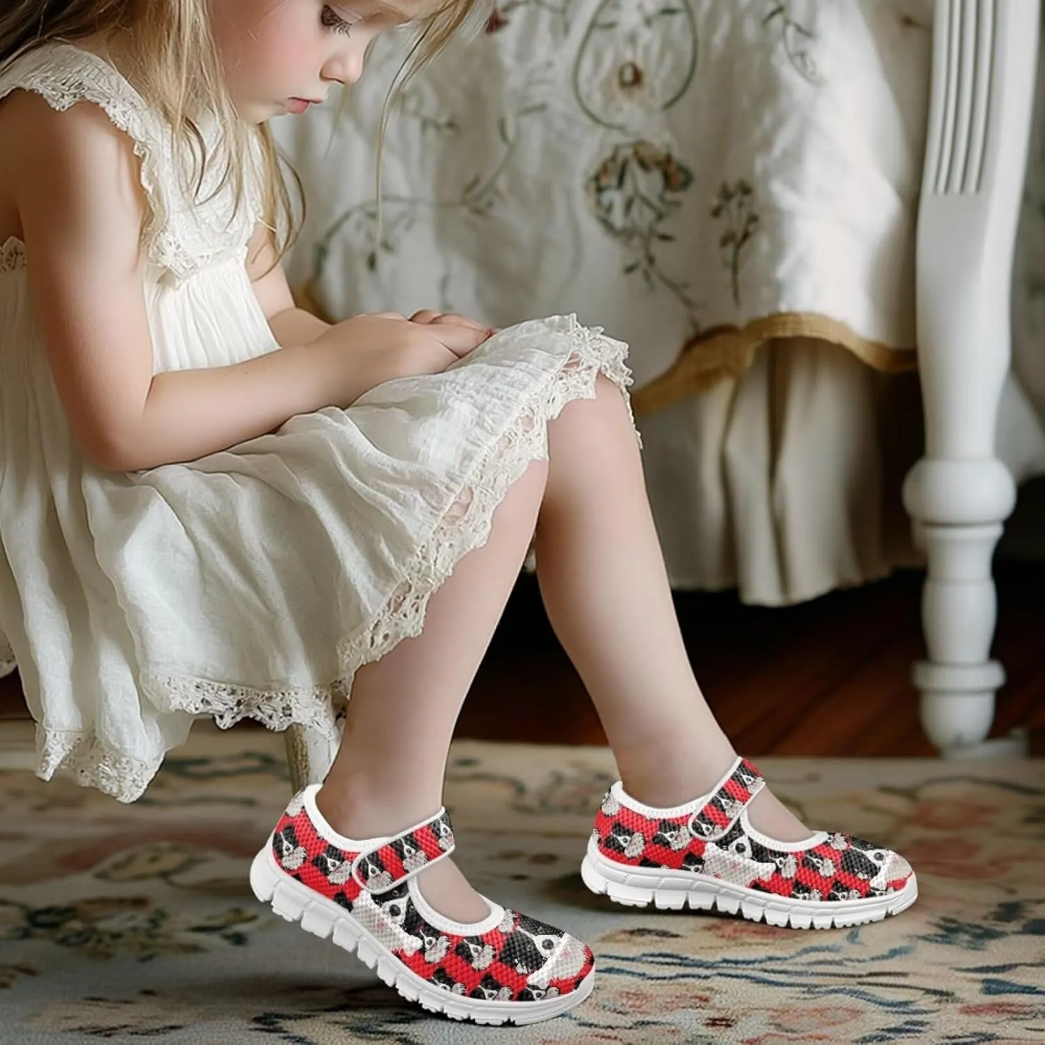 JoyLamoria Collie Print Girls Mary Jane Shoes Toddler and Little Kids Cartoon Flat Sneakers Lightweight Girls Walking Shoes Anti Slip