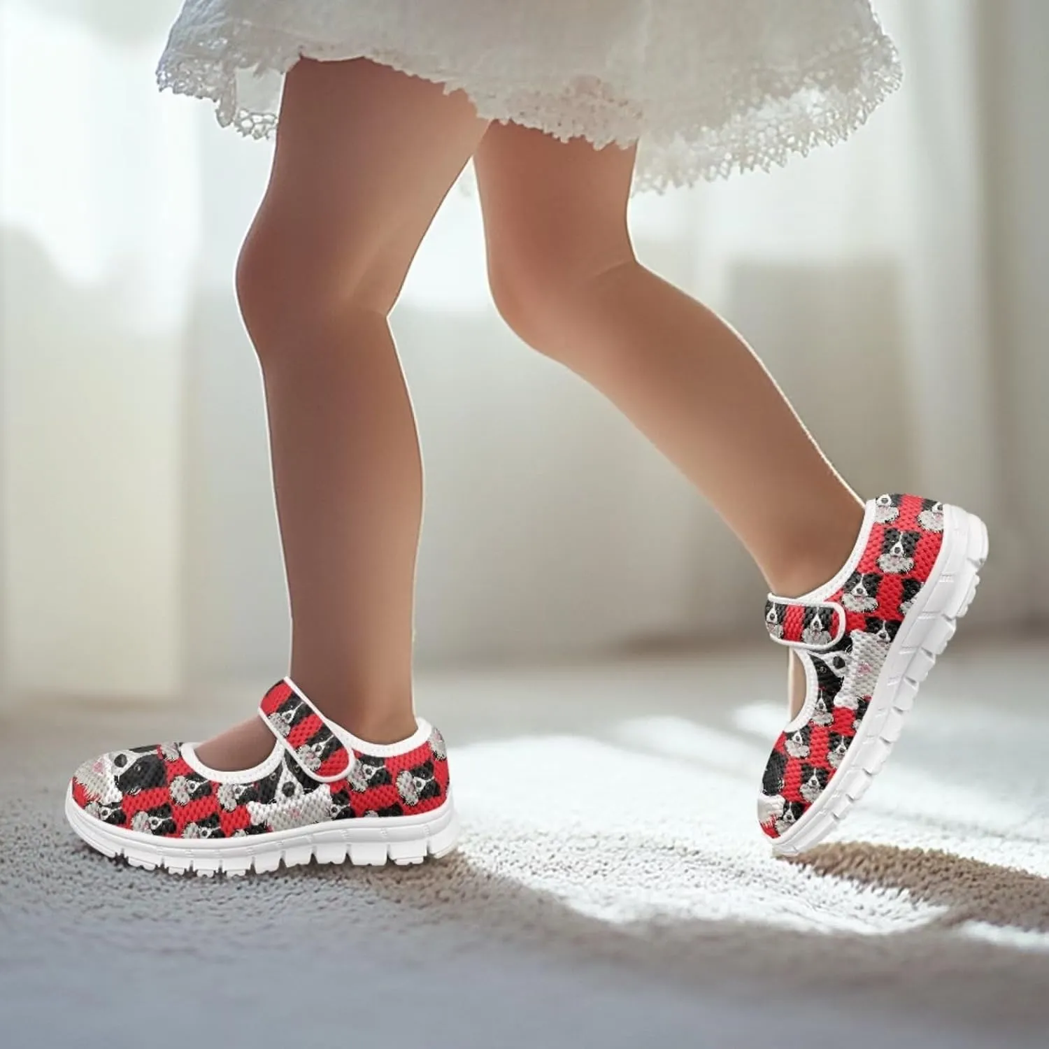 JoyLamoria Collie Print Girls Mary Jane Shoes Toddler and Little Kids Cartoon Flat Sneakers Lightweight Girls Walking Shoes Anti Slip
