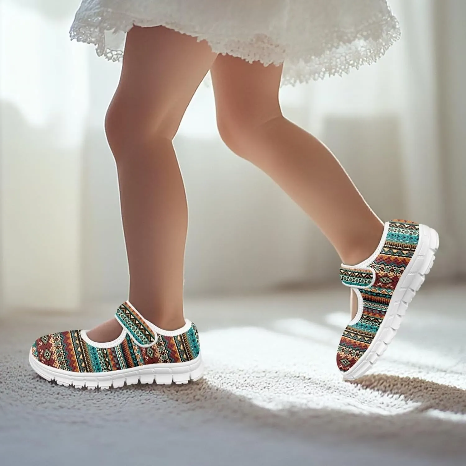 JoyLamoria Girls Mary Jane Shoes Toddler/Little Kids Slip on Sneakers Comfort Dress Shoes with Sunflower Cow South Western Navajo Design