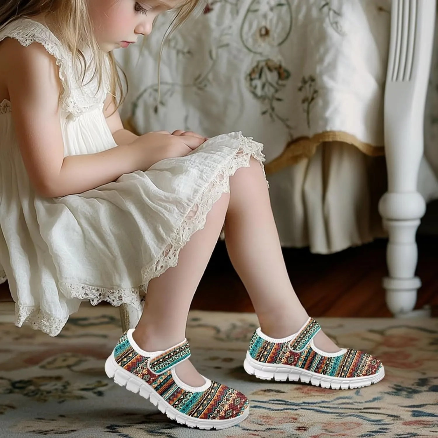 JoyLamoria Girls Mary Jane Shoes Toddler/Little Kids Slip on Sneakers Comfort Dress Shoes with Sunflower Cow South Western Navajo Design