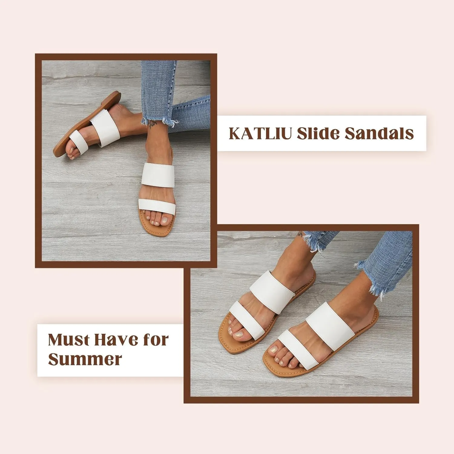 katliu Women's Flat Sandals Two Strap Slide Sandals Open Toe
