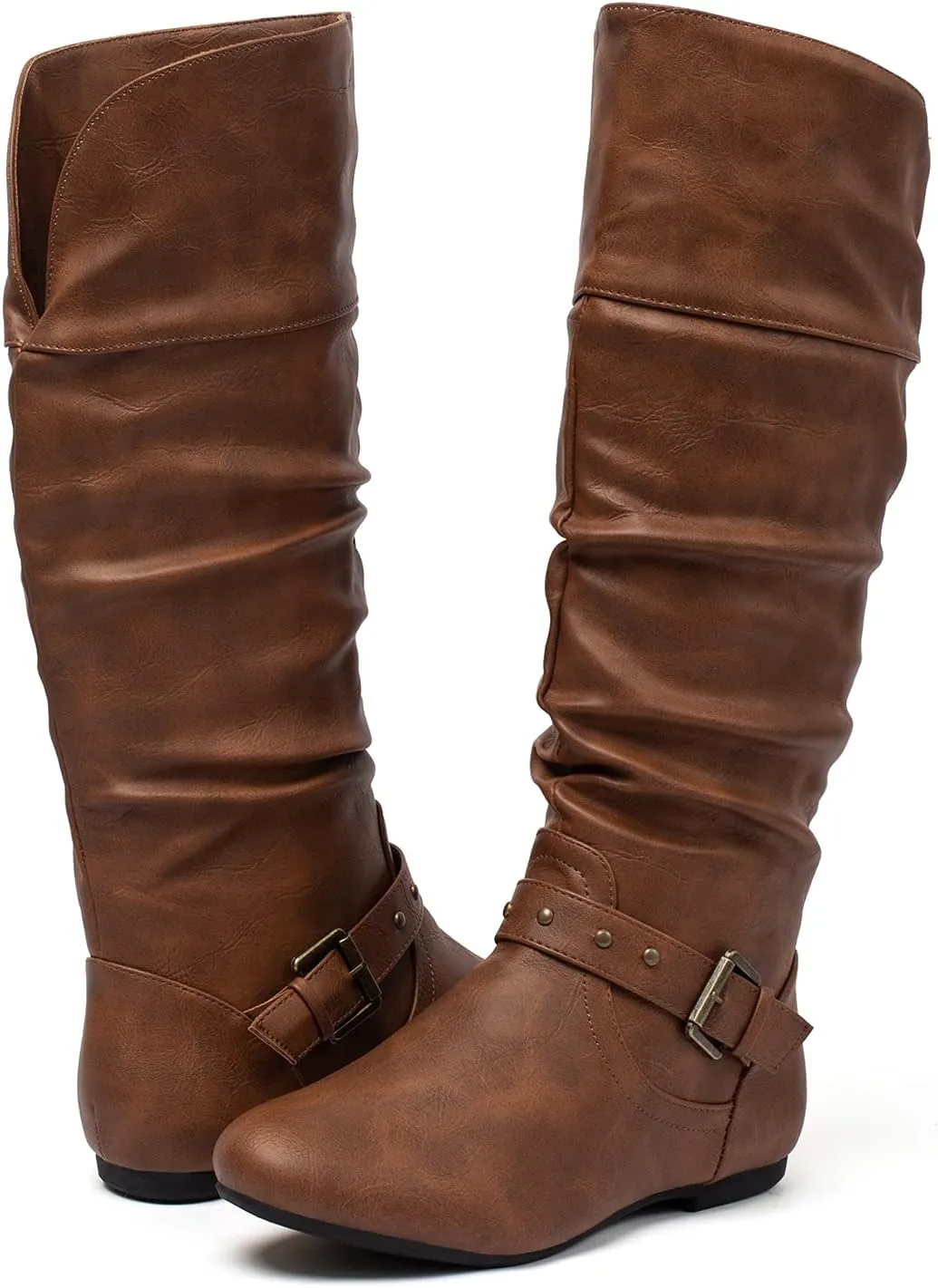katliu Women's Slouchy Mid Calf Boots Zip up Flat Boots