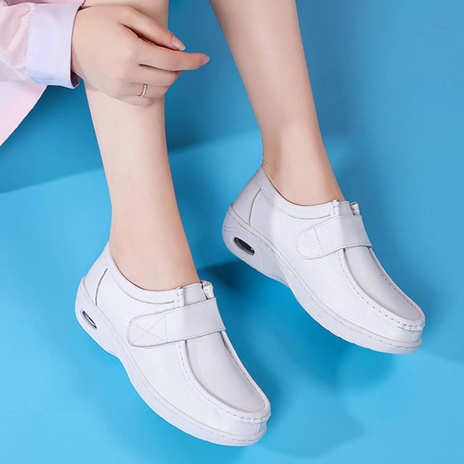 Keilinia Women's White Air Cushion Slip-On Nurse Shoes,Casual Leather Comfy Adjustable Orthopedic Wedge Platform Loafers Sneaker