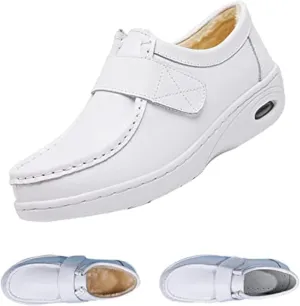 Keilinia Women's White Air Cushion Slip-On Nurse Shoes,Casual Leather Comfy Adjustable Orthopedic Wedge Platform Loafers Sneaker