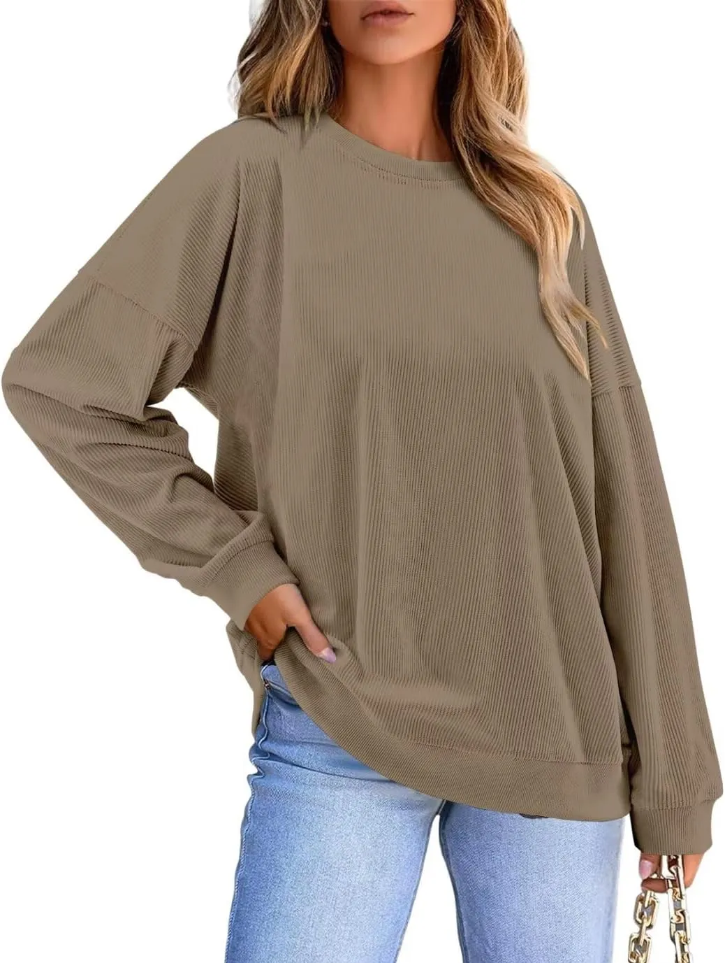 KISSMODA Women's Casual Long Sleeve Sweatshirt Color Block/Solid Crewneck Corduroy Pullover Cute Tops