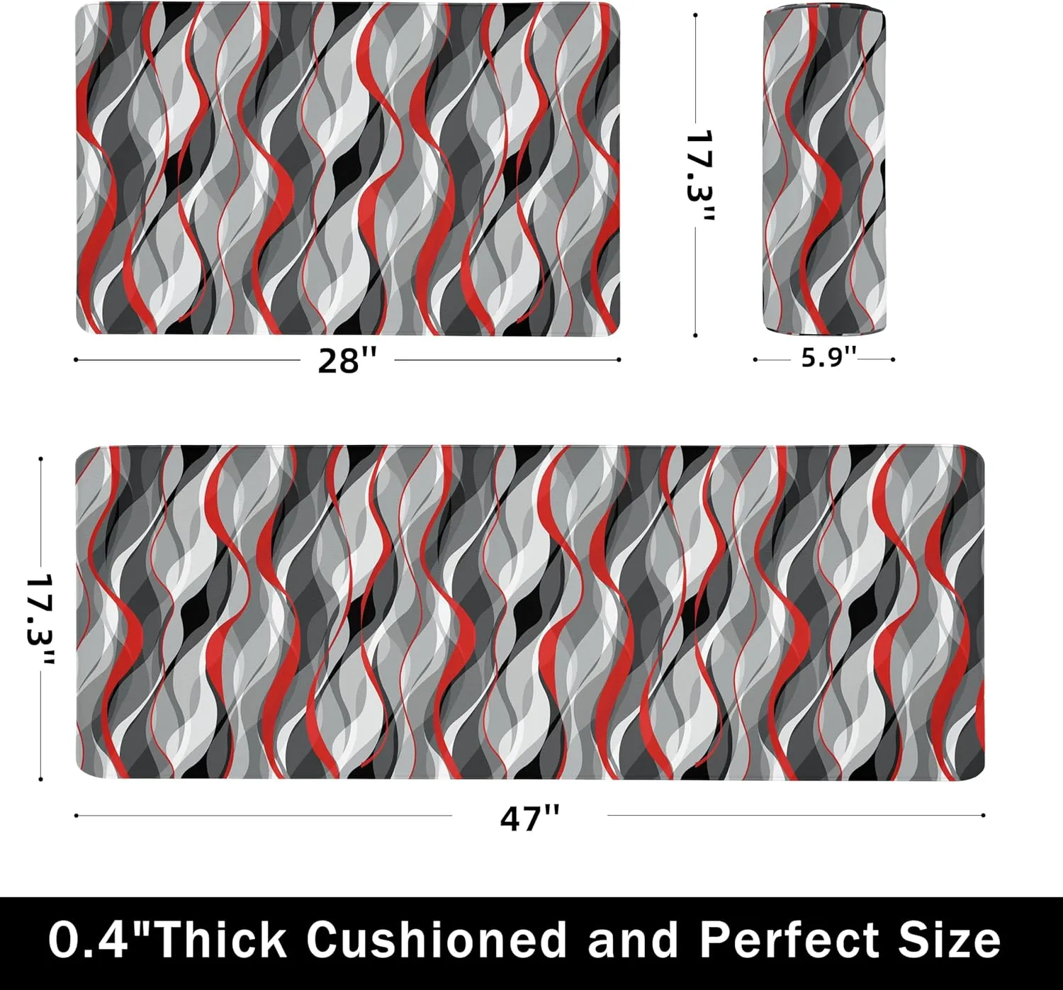 Kitchen Mats for Floor Modern Abstract kitchen rugs Grey and Red Stripe Anti Fatigue Kitchen Mats Waterproof Floor Mats Cushioned Non-Skid Standing Mats for Kitchen, Set of 2,17.3 x 28 17.3 x 47