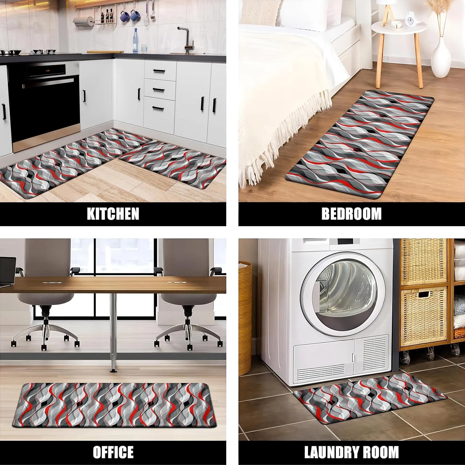 Kitchen Mats for Floor Modern Abstract kitchen rugs Grey and Red Stripe Anti Fatigue Kitchen Mats Waterproof Floor Mats Cushioned Non-Skid Standing Mats for Kitchen, Set of 2,17.3 x 28 17.3 x 47