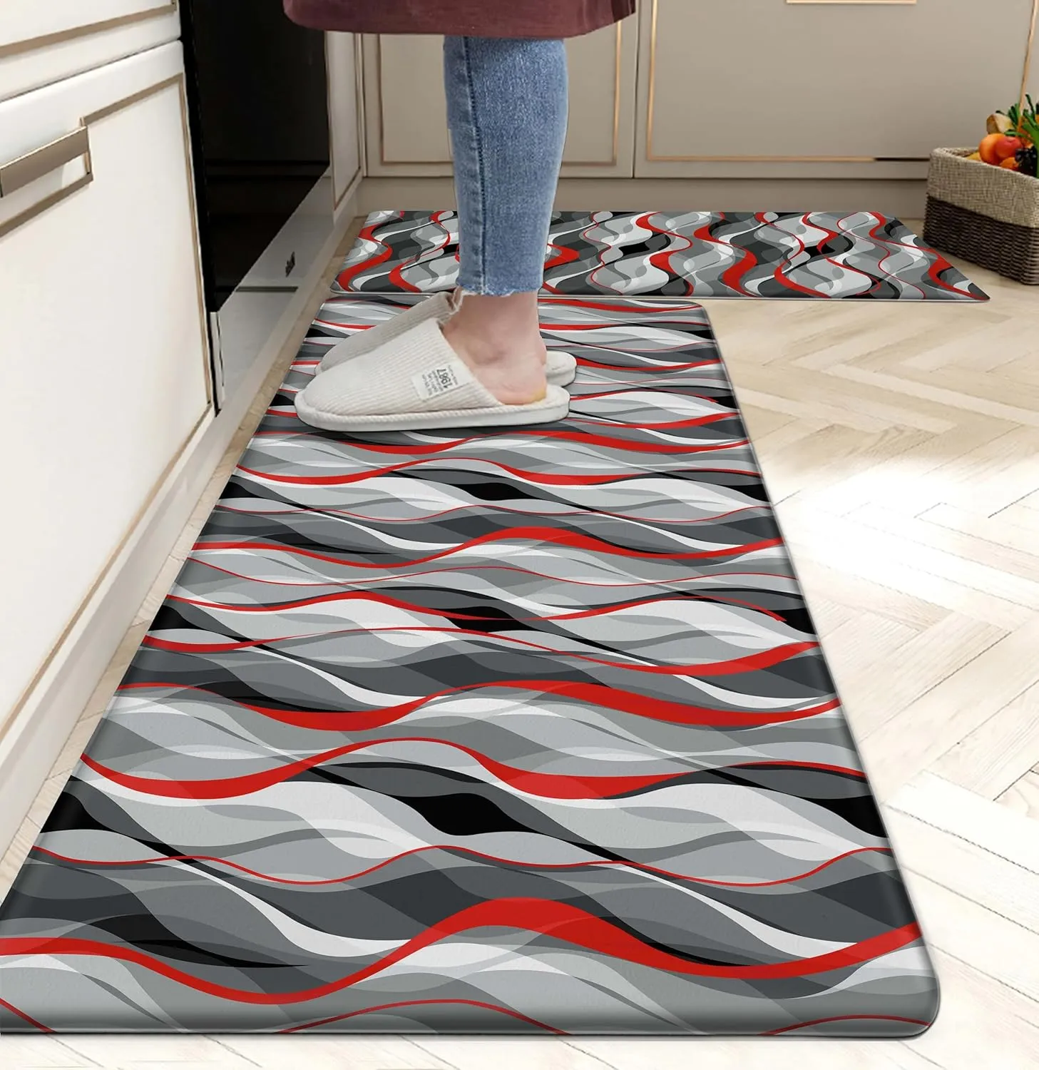 Kitchen Mats for Floor Modern Abstract kitchen rugs Grey and Red Stripe Anti Fatigue Kitchen Mats Waterproof Floor Mats Cushioned Non-Skid Standing Mats for Kitchen, Set of 2,17.3 x 28 17.3 x 47