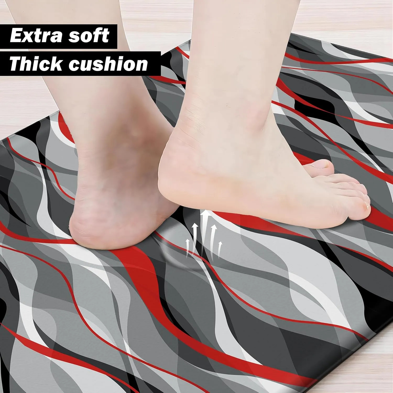 Kitchen Mats for Floor Modern Abstract kitchen rugs Grey and Red Stripe Anti Fatigue Kitchen Mats Waterproof Floor Mats Cushioned Non-Skid Standing Mats for Kitchen, Set of 2,17.3 x 28 17.3 x 47