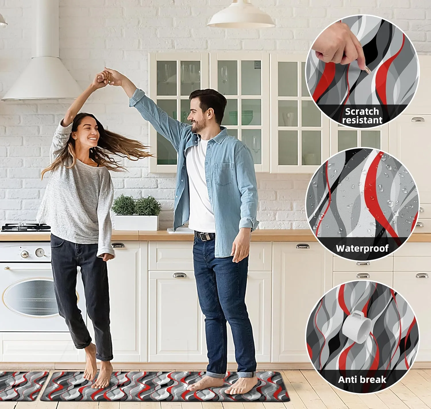 Kitchen Mats for Floor Modern Abstract kitchen rugs Grey and Red Stripe Anti Fatigue Kitchen Mats Waterproof Floor Mats Cushioned Non-Skid Standing Mats for Kitchen, Set of 2,17.3 x 28 17.3 x 47