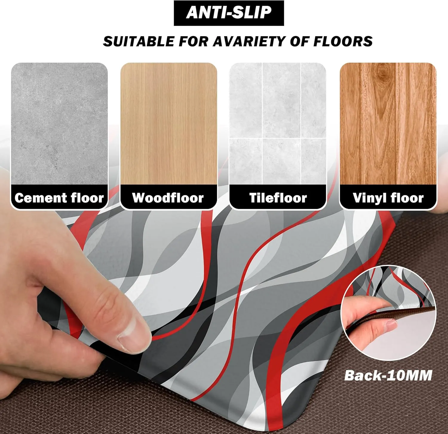 Kitchen Mats for Floor Modern Abstract kitchen rugs Grey and Red Stripe Anti Fatigue Kitchen Mats Waterproof Floor Mats Cushioned Non-Skid Standing Mats for Kitchen, Set of 2,17.3 x 28 17.3 x 47