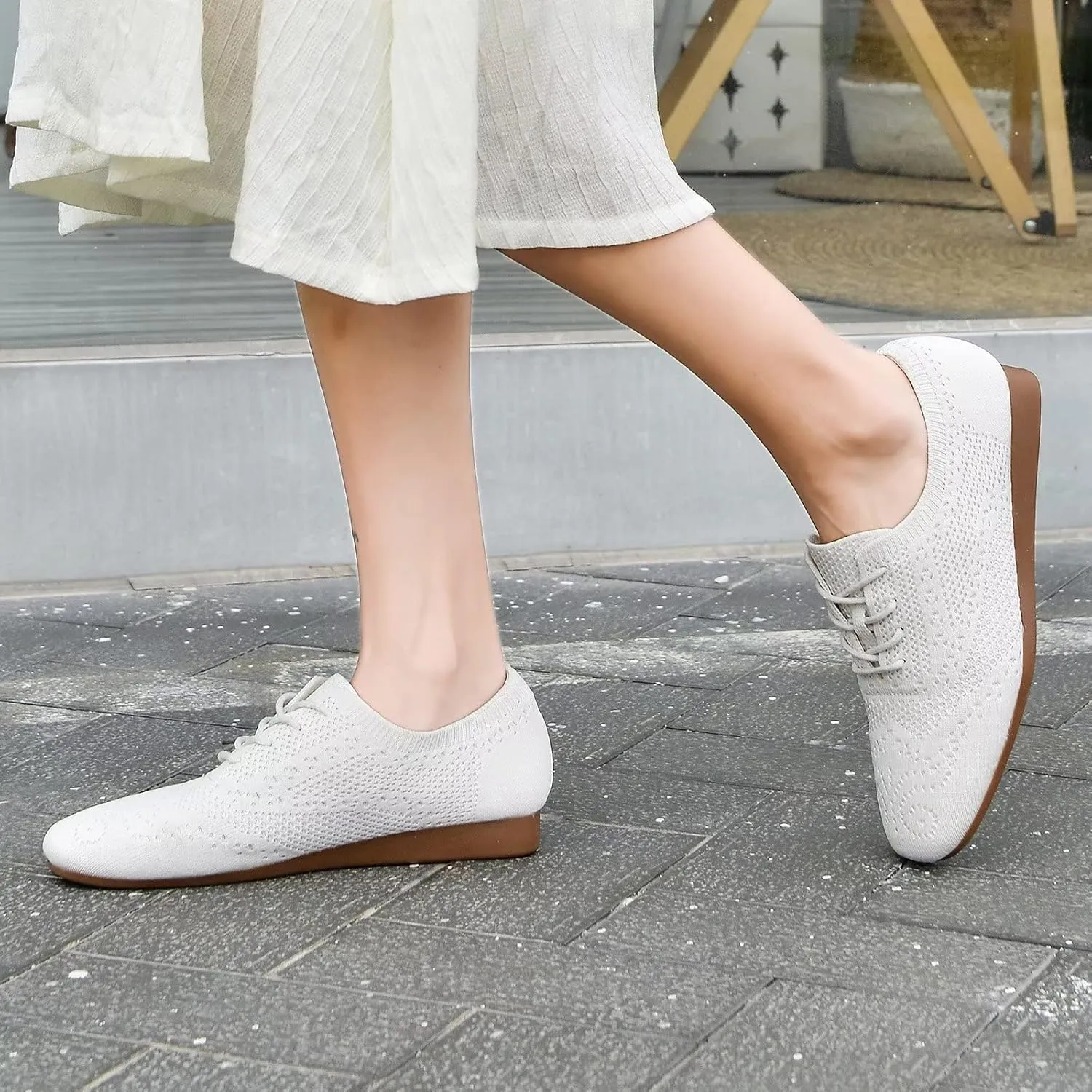 konhill Women's Lace-up Oxfords Flats Classic Knit Brogue Dress Walking Shoes Casual Sneakers
