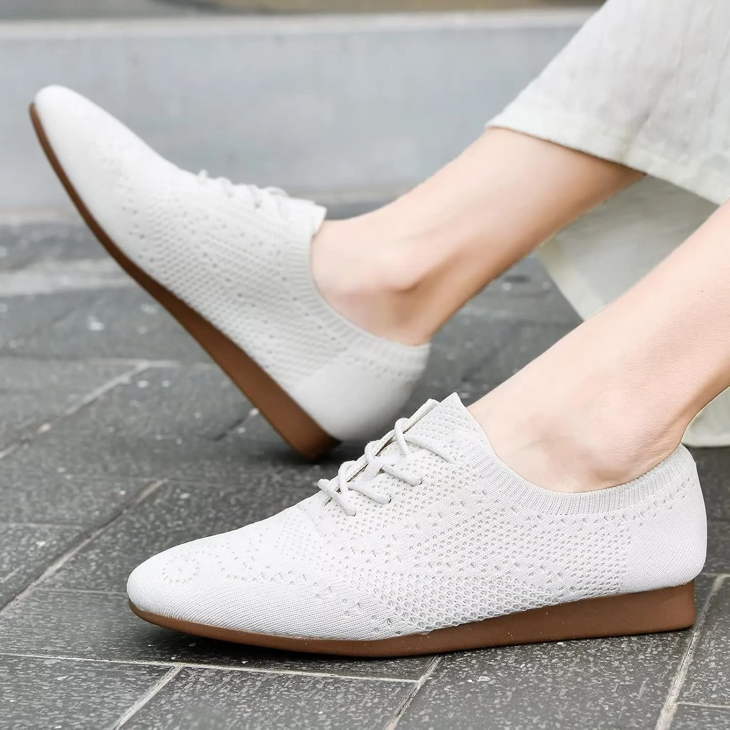 konhill Women's Lace-up Oxfords Flats Classic Knit Brogue Dress Walking Shoes Casual Sneakers