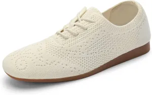 konhill Women's Lace-up Oxfords Flats Classic Knit Brogue Dress Walking Shoes Casual Sneakers