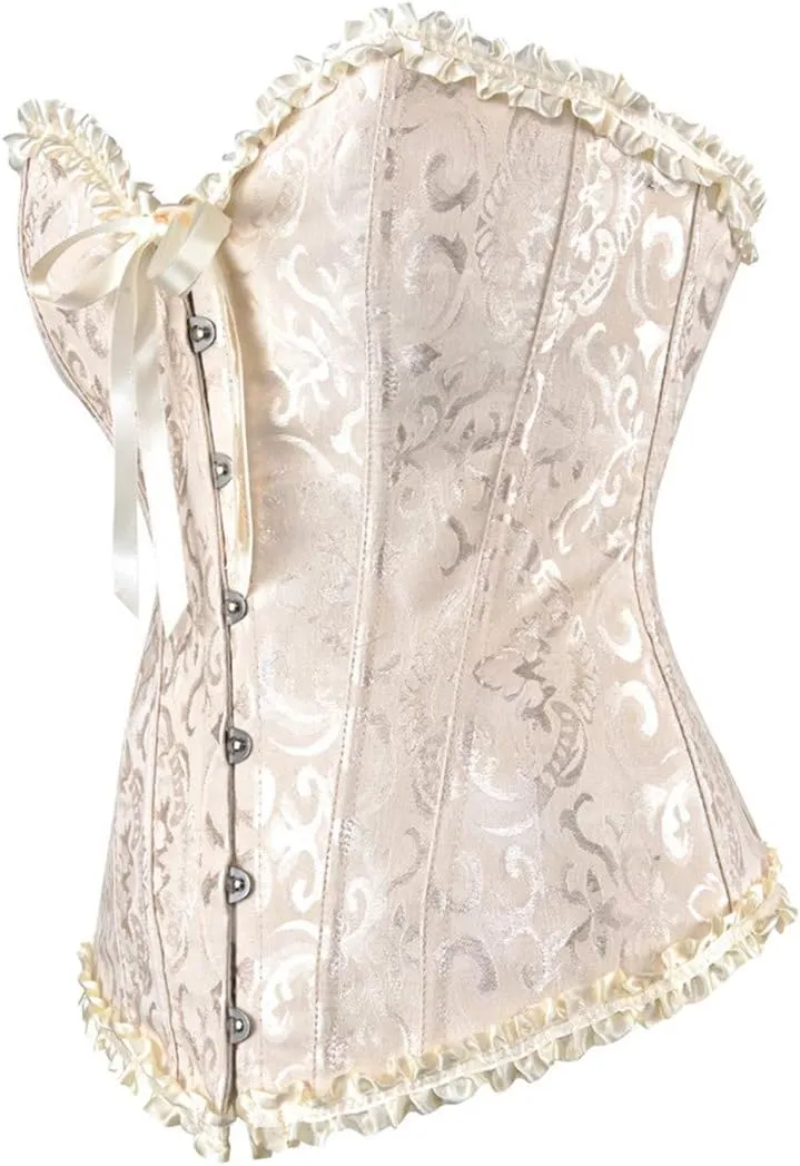 Kranchungel Plus Size Corset Women's Floral Pleated Trim Overbust Waist Cincher Bustier Top