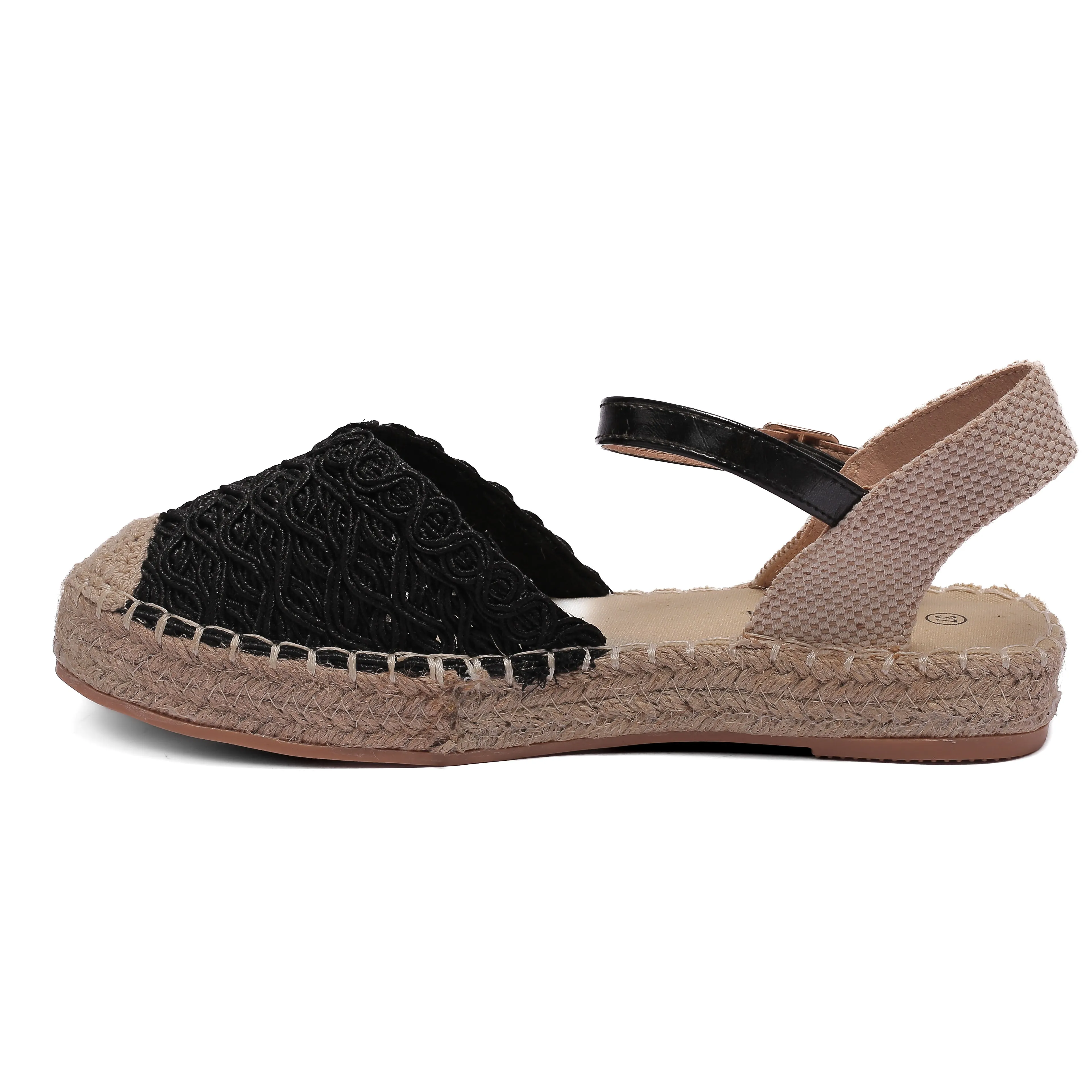 Lace Espadrille Sandals with Ankle Strap in Black