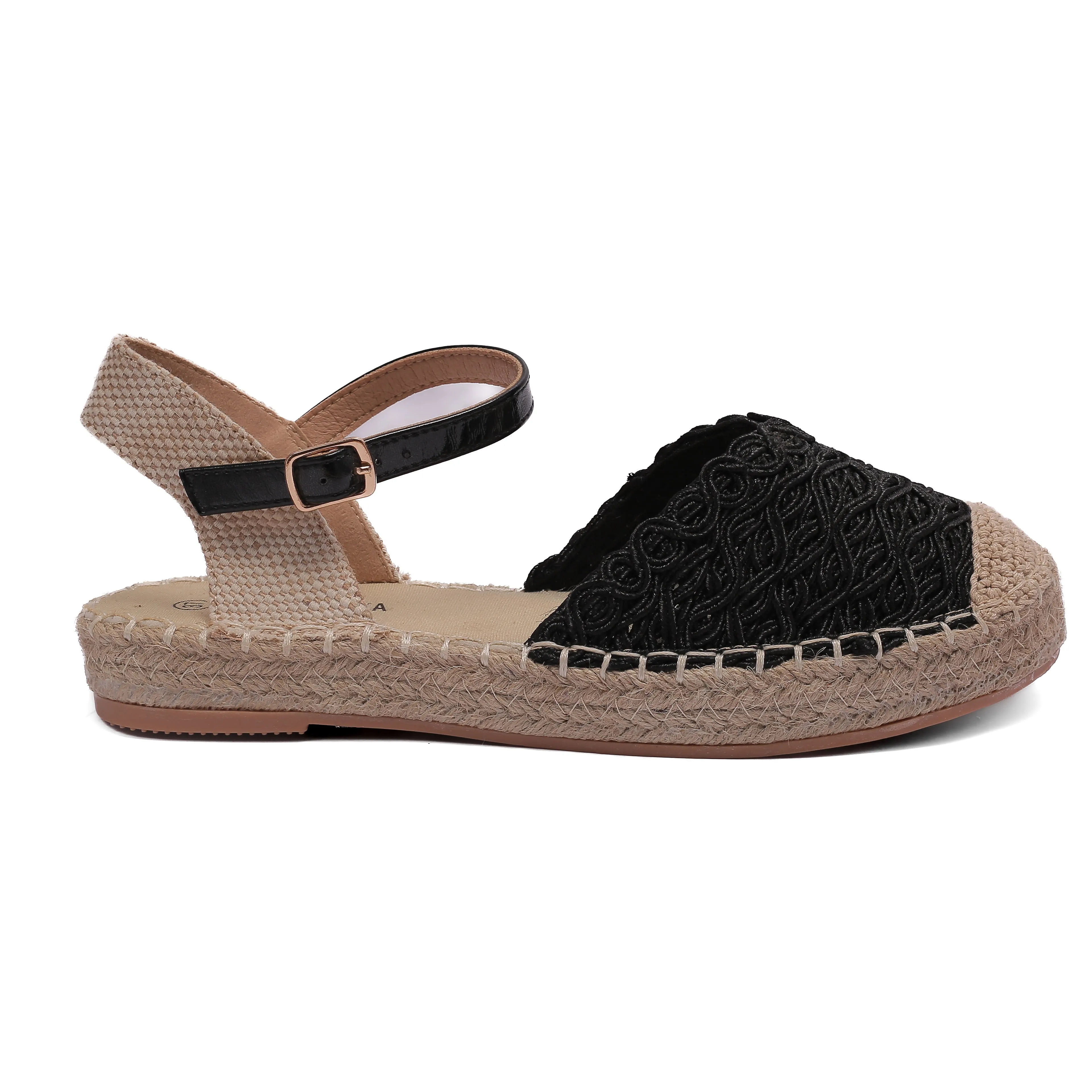 Lace Espadrille Sandals with Ankle Strap in Black